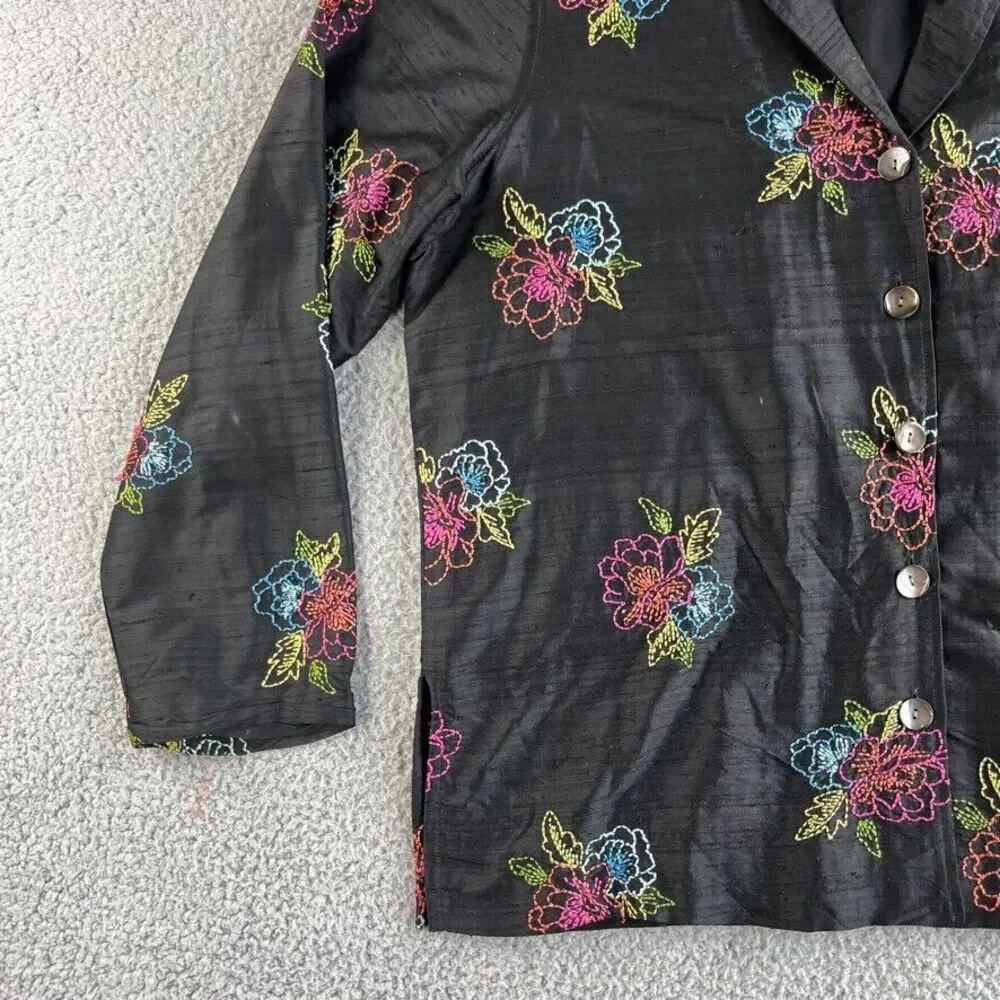 Vintage Laura Ashley Jacket Womens Large Blazer Silk Floral Embroidered Boho‎
